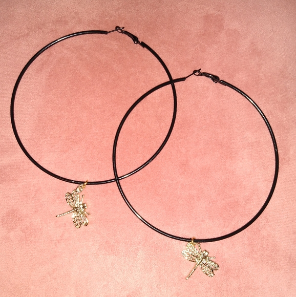 KATTA Huge 5" Dragonfly Black Hoops Oversized Hoop Earrings Charms Dragonflies - Picture 3 of 10